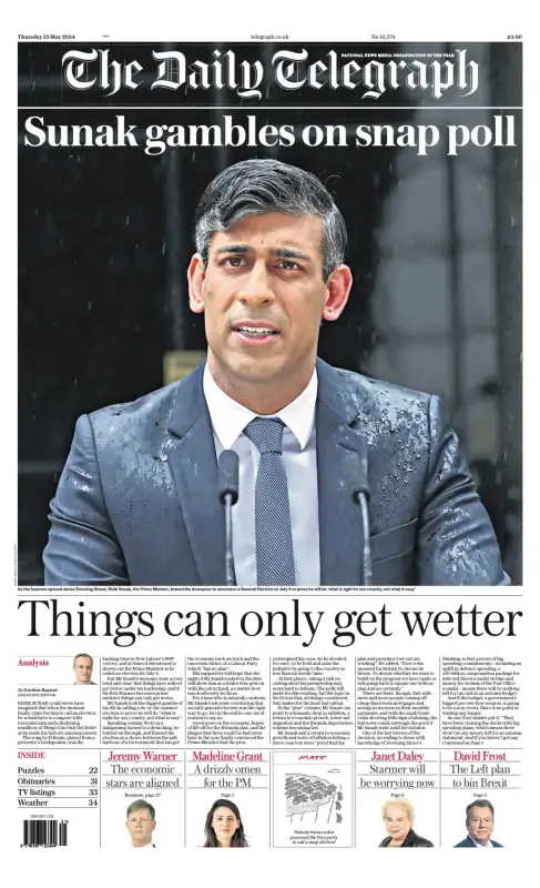 Daily Telegraph front page on 23 May 2024, the day after Rishi Sunak called the general election