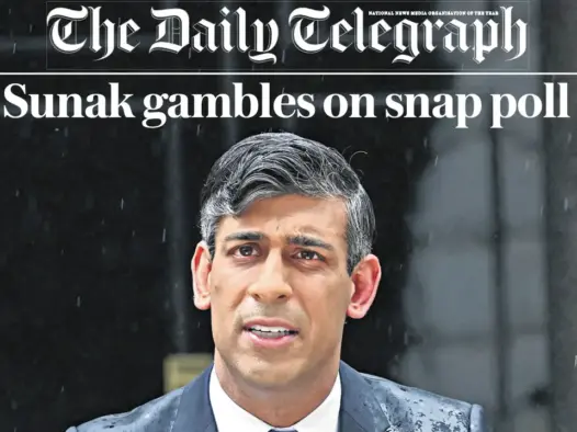 Cropped version of The Daily Telegraph front page on 23 May 2024, the day after Rishi Sunak called the general election