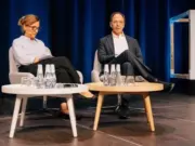 Patty Michalski, SVP content and innovation at Hearst News, on stage with OpenAI's chief of intellectual property and content Tom Rubin at WAN-IFRA World News Media Congress on 29 May 2024. Picture: Mick Friis