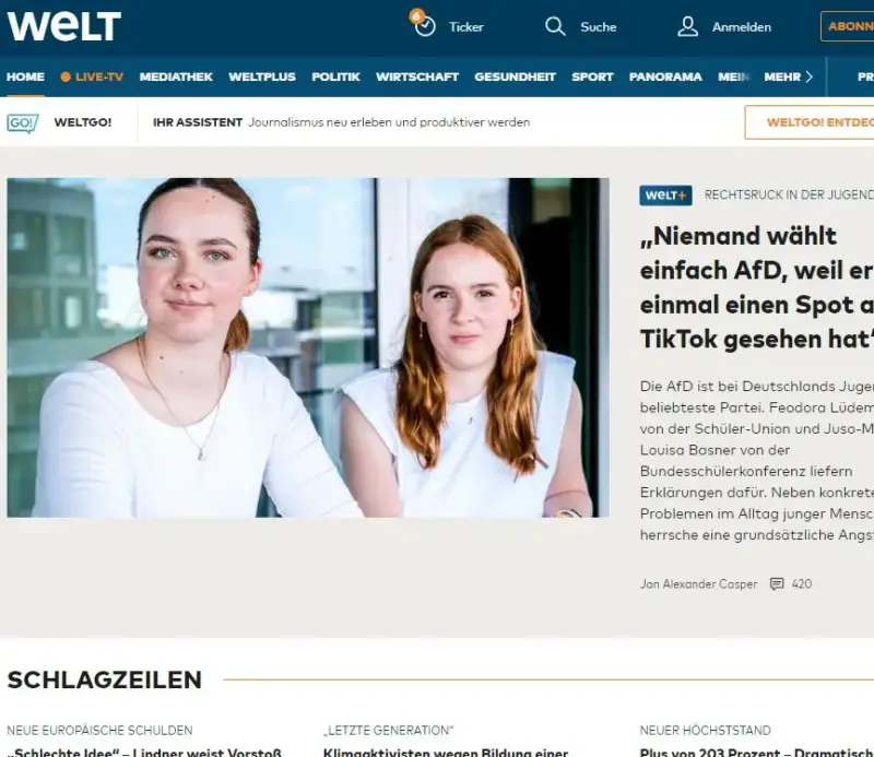 Welt homepage on 21 May 2024 with a Weltplus subscriber-only story at the top