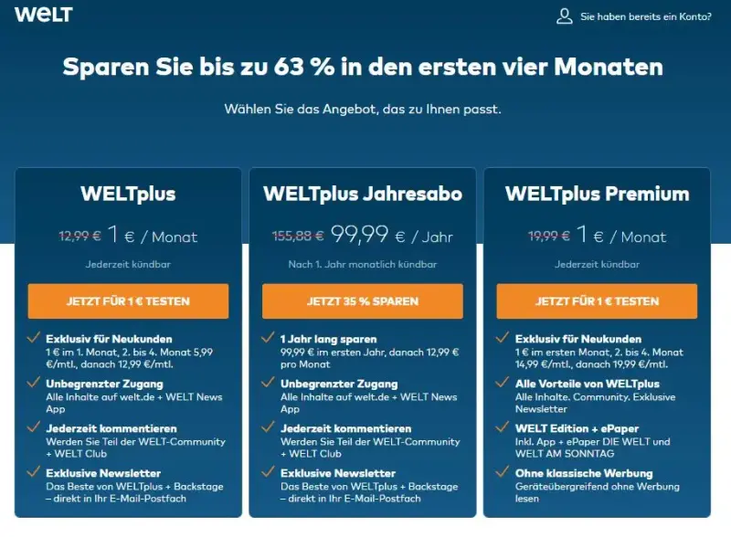 Welt subscriber sign-up page