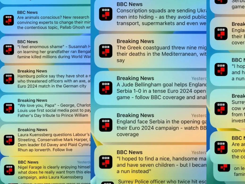 A compilation of BBC News app push notifications sent during the 2024 general election campaign.