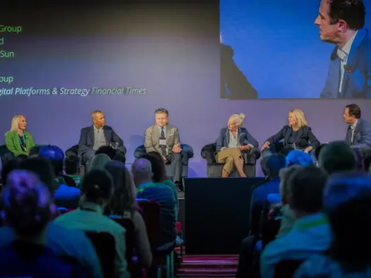 Panellists discuss journalism and AI at the Deloitte and Enders Media and Telecoms conference in London on Tuesday 4 June 2024. Left to right: Telegraph Media Group CEO Anna Jones, The Sun EVP and publisher Dominic Carter, DMG Media CEO Rich Caccappolo, Guardian Media Group CEO Anna Bateson, ITN CEO Rachel Corp and FT head of digital platforms Matthew Garrahan.