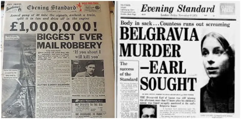 Two old Evening Standard front pages: left, 1963 splash on The Great Train Robbery with headline "£1,000,000! Biggest ever mail robbery" and right, 1974 splash on Lord Lucan murder investigation with headline "Belgravia murder - Earl sought"