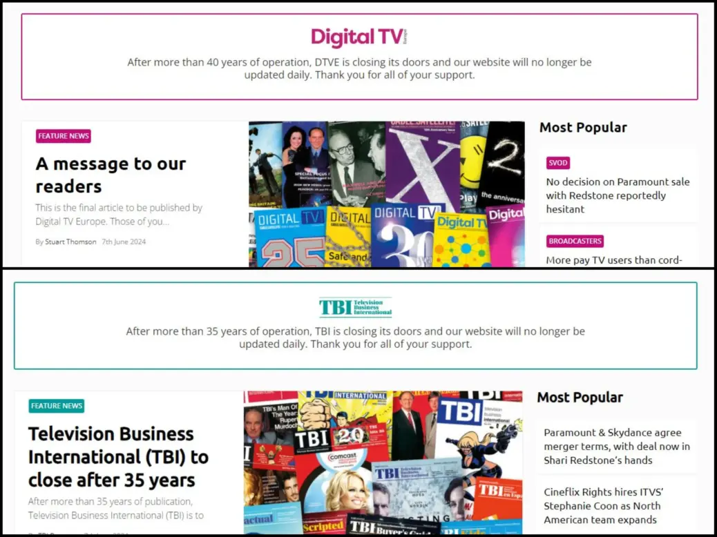 Homepages of Digital TV Europe and Television Business International, each showing a message announcing their closure and featuring a top story about the closure underneath