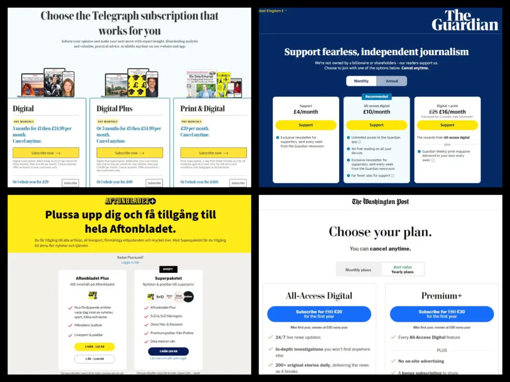 Digital news subscription sign-up pages for Aftonbladet, Telegraph, Guardian and Washington Post