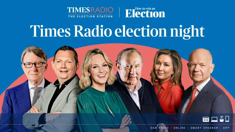 Times Radio's 2024 election night line-up. Left to right: Peter Mandelson, Matt Chorley, Kate McCann, Andrew Neil, Ayesha Hazarika and William Hague.