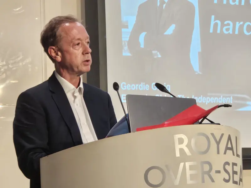 Geordie Greig delivering the annual Hugh Cudlipp lecture at the Royal Overseas League in London. Picture: Dominic Ponsford.