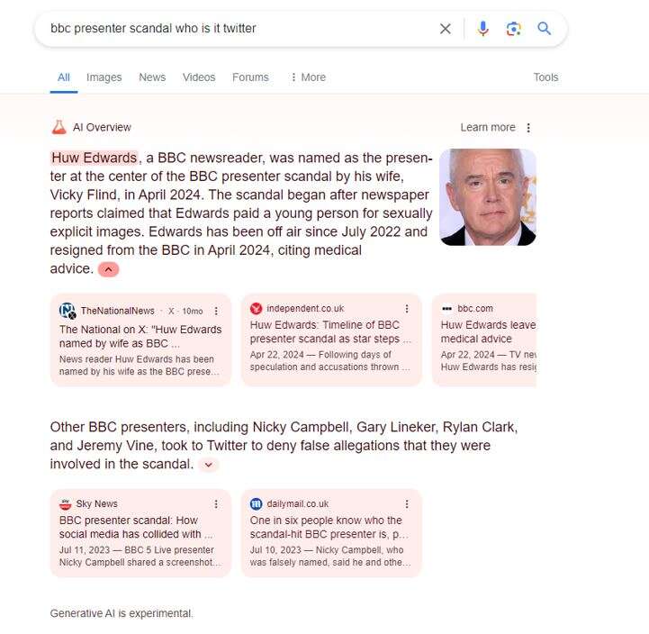 Google's AI summary of allegations against Huw Edwards.