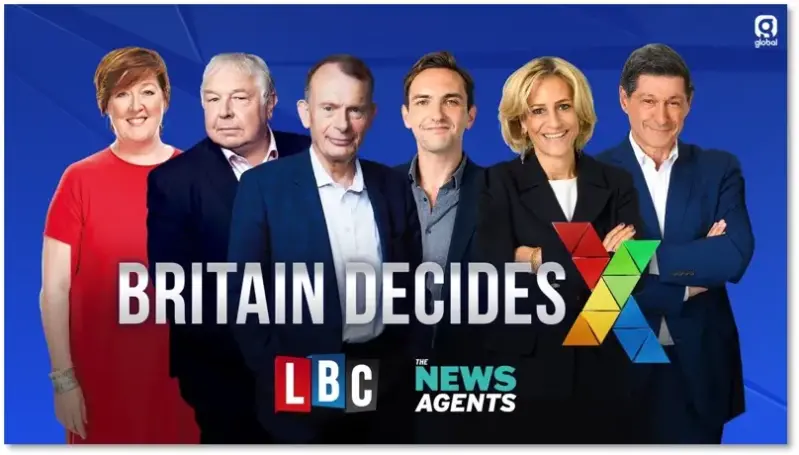 LBC election 2024 line-up: text says 'Britain Decides' with the LBC and The News Agents logos, with presenters pictured in a line-up left to right: Shelagh Fogarty, Nick Ferrari, Andrew Marr, Lewis Goodall, Emily Maitlis and Jon Sopel