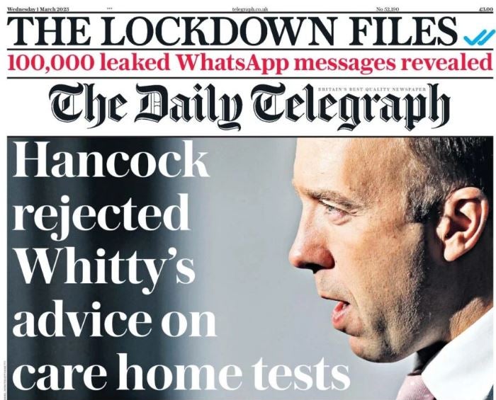 Daily Telegraph Lockdown Files front page about Matt Hancock