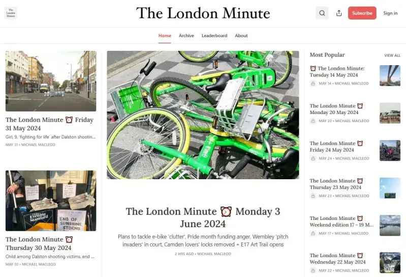 The London Minute's Substack homepage on 3 June 2024
