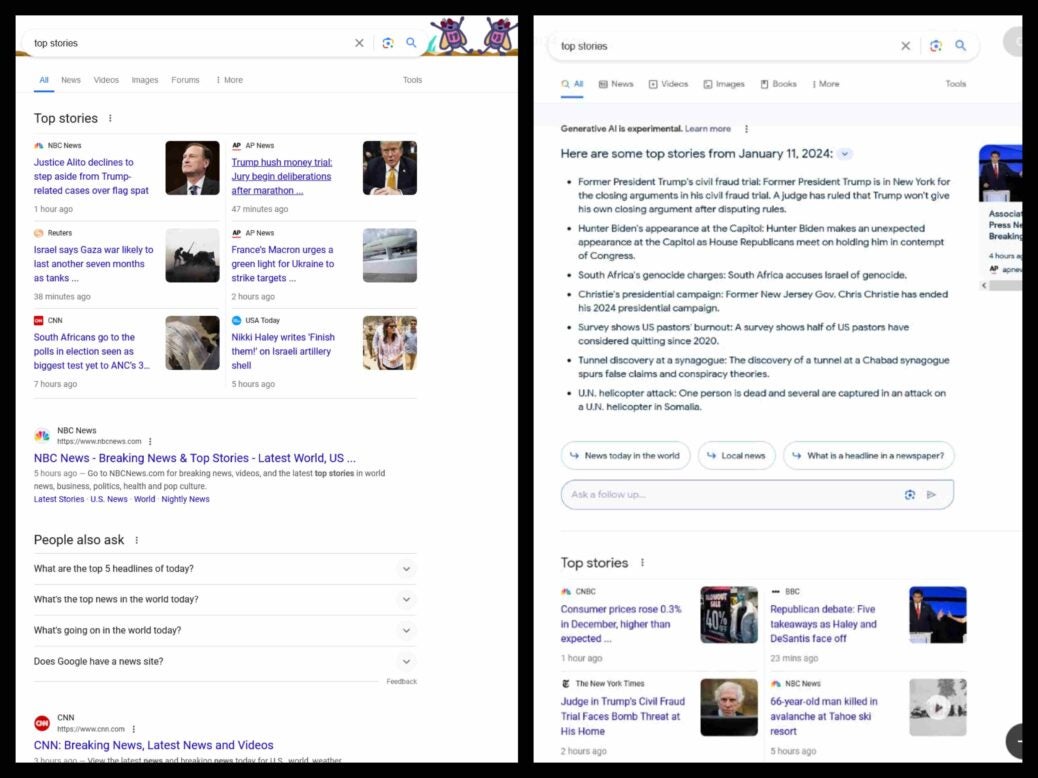 Like a Google "the main stories" the search result appears with and without AI summaries.
