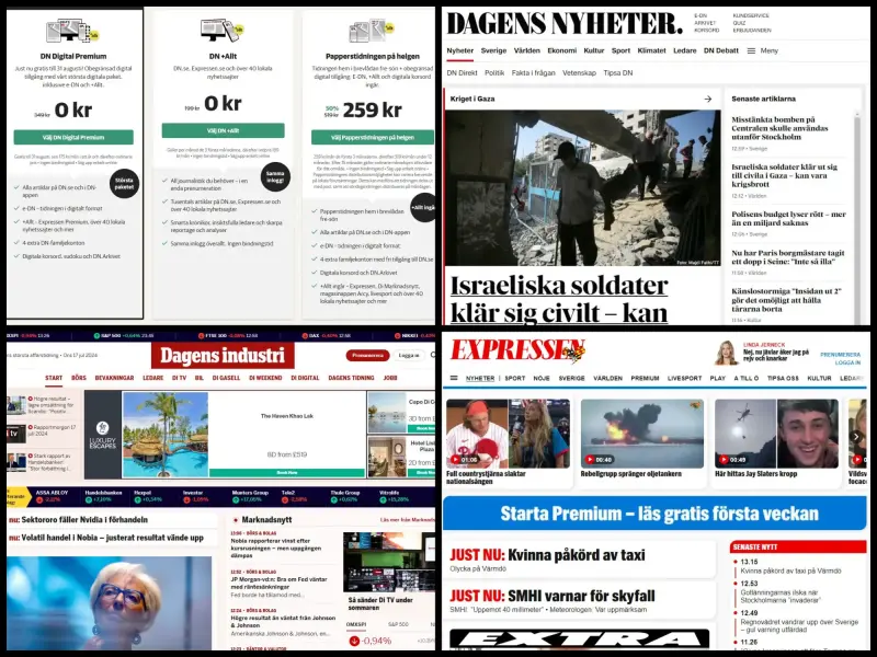 Bonnier News national websites, clockwise from top left: the subscriptions page on Dagens Nyheter including the bundled subscription in the centre; Dagens Nyheter; Expressen; Dagens Industri.