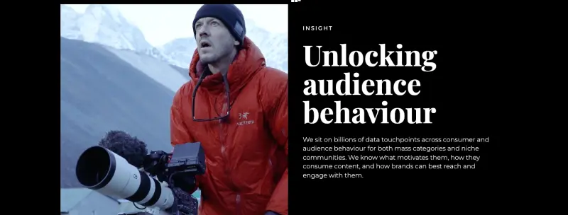 A screenshot from Future Creative's website displaying an asset Future created for outdoor equipment brand Arcteryx. A man in a warm-looking coat up in the mountains is looking up and away from his long-lens camera below him, mouth hanging open. To the right, the copy reads: Insight. Unlocking audience behaviour. We sit on billions of data touchpoints across consumer and audience behaviour for both mass categories and niche communities. We know what motivates them, how they consume content and how brands can best reach and engage with them.