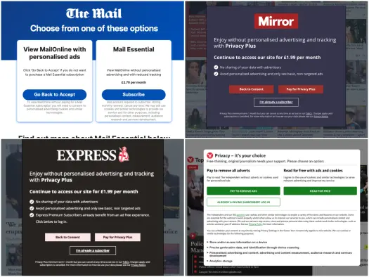 New "consent or pay" pop-ups as they appear on Mail Online, The Independent and the websites of the Daily Express and Daily Mirror.