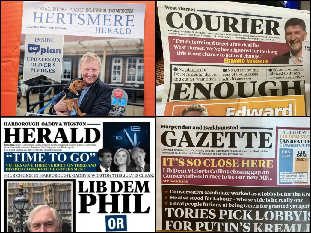 Four examples of 2024 general election literature sent by the Conservative and Liberal Democrat parties that mimic the appearance of local newspapers: The Hertsmere Herald (Conservative), West Dorset Courier (Liberal Democrat), Harpenden and Berkhamsted Gazette (Liberal Democrat) and Harborough, Oadby & Wigston Herald.