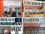 Four examples of 2024 general election literature sent by the Conservative and Liberal Democrat parties that mimic the appearance of local newspapers: The Hertsmere Herald (Conservative), West Dorset Courier (Liberal Democrat), Harpenden and Berkhamsted Gazette (Liberal Democrat) and Harborough, Oadby & Wigston Herald.