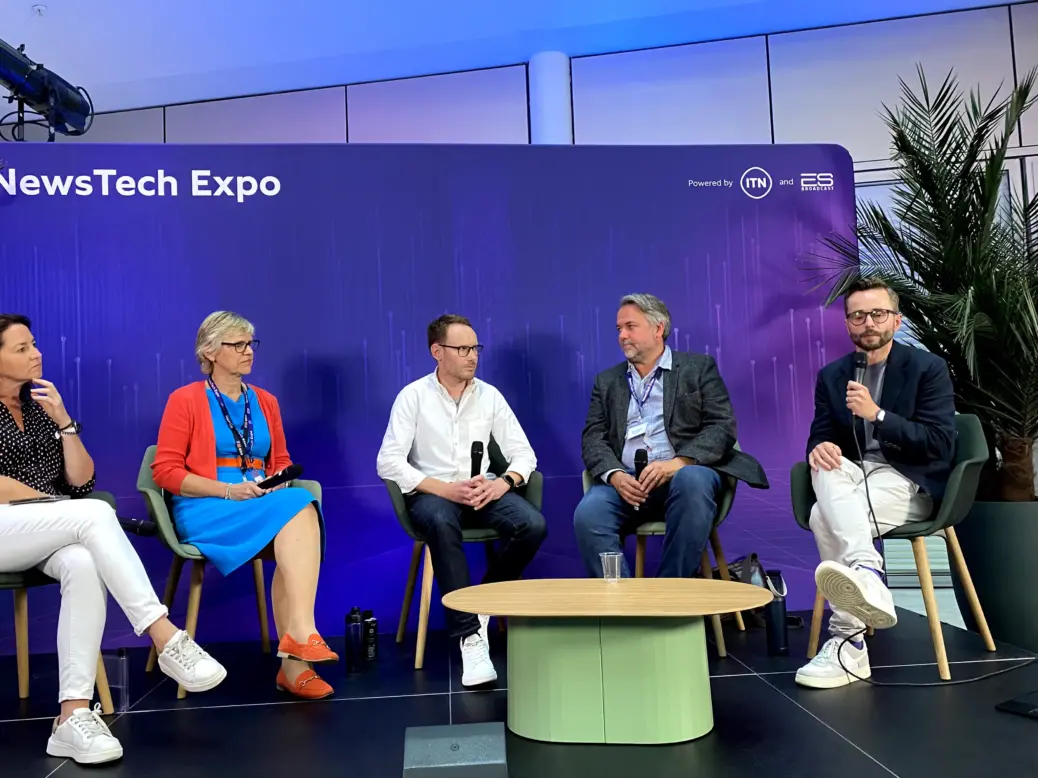 Production bosses at ITN (representing ITV and Channel 4), Sky News and BBC News appear on stage at the Newstech Expo where they discuss the challenges of putting together their 2024 overnight general election programmes. Left to right: ITN head of technical production Jenny King, BBC News director of media operations Morwen Williams, ITN Productions assistant head of production John Keyes, Sky News output editor Nick Phipps and ITN director of technology, production and innovation Jon Roberts.