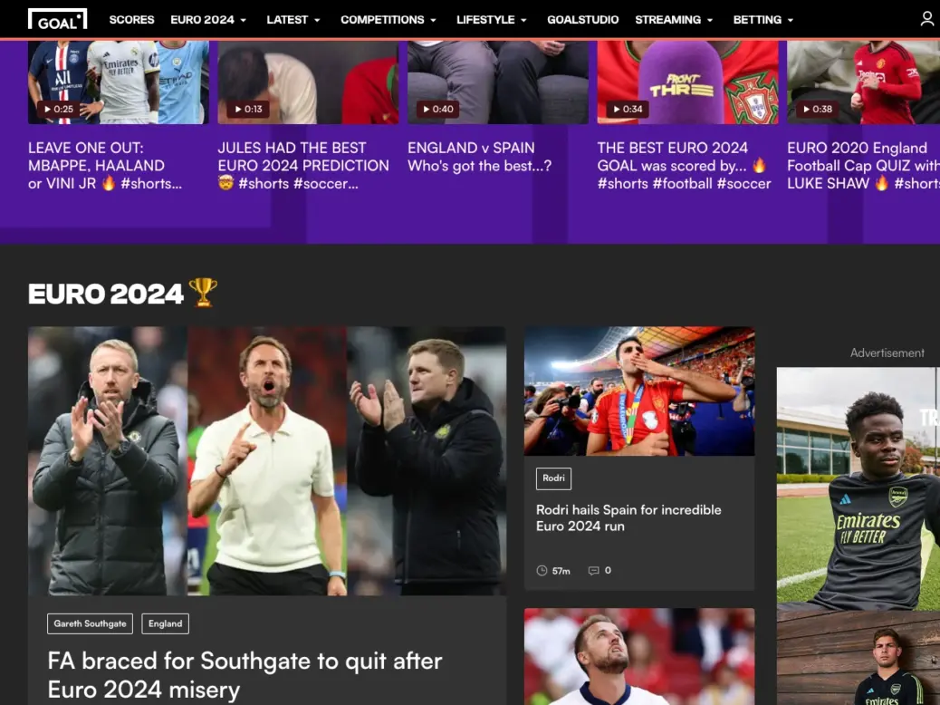 A screenshot of the front page of Goal.com, the flagship website of Footballco. The company has announced it has rolling out FC Precision, an audience segmentation tool designed to allow advertisers to target relevant readers, across Goal and its FC Player video platform.