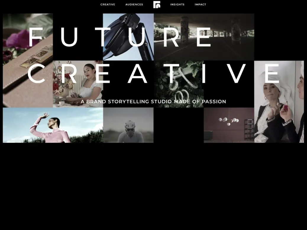 A screenshot showing some of the homepage for Future's new branded content studio Future Creative. The website is largely black, but tiles across the top three-fifths feature images of people doing activities or promoting lifestyle content: one woman is seen apparently dancing, another trying on makeup, and a few images simply depict luxuries like high-end sunglasses, a tastefully designed apartment and a handbag.