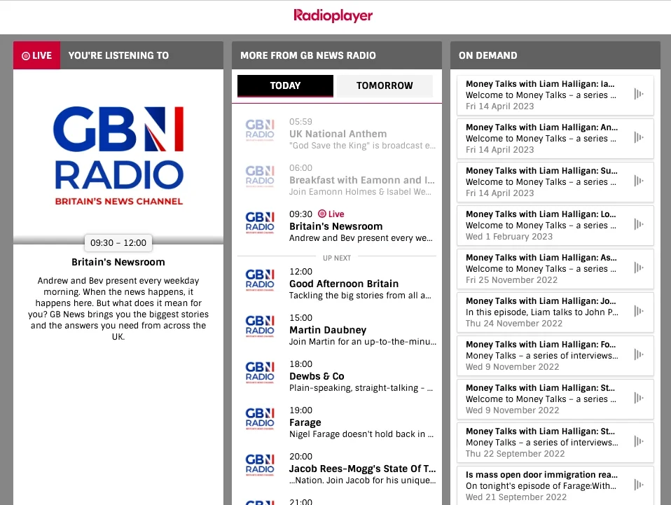 A screenshot of GB News Radio on the gbnews.com website, illustrating a story about its new AI-generated sport news bulletins.