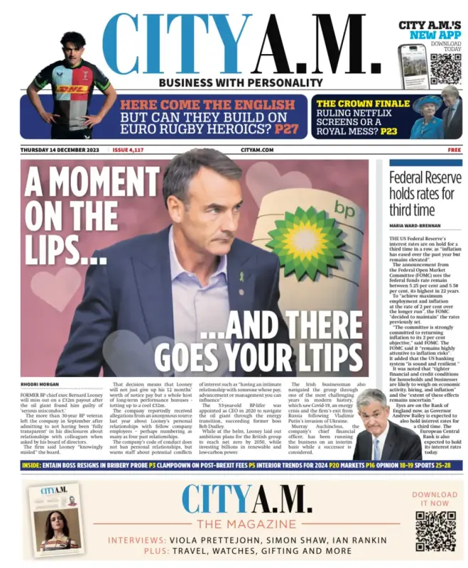 City AM front page on 14 December 2023: 'A moment on the lips...'