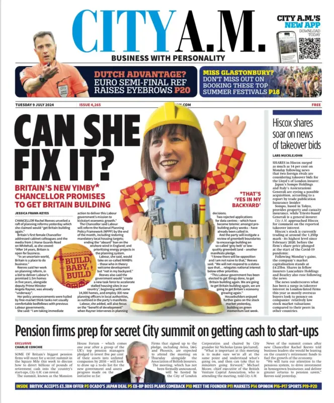 City AM front page for 9 July 2024, comparing new chancellor Rachel Reeves to Bob the Builder asking 'can she fix it?'