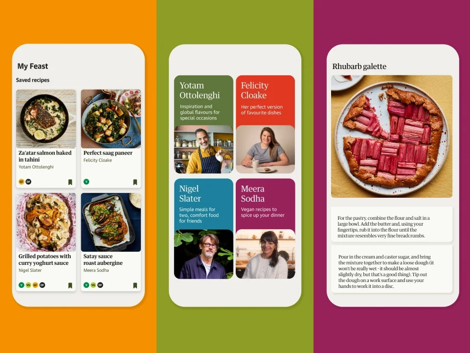 A promotional image for Guardian Feast, the new Guardian cooking app. The image displays three stills from the app, showing a page of saved recipes (including a "perfect saag paneer, a satay sauce roast aubergine and grilled potatoes with curry yoghurt sauce) and celebrity chef pages for Yotam Ottolenghi, Nigel Slater, Meera Sodha and Felicity Cloake.