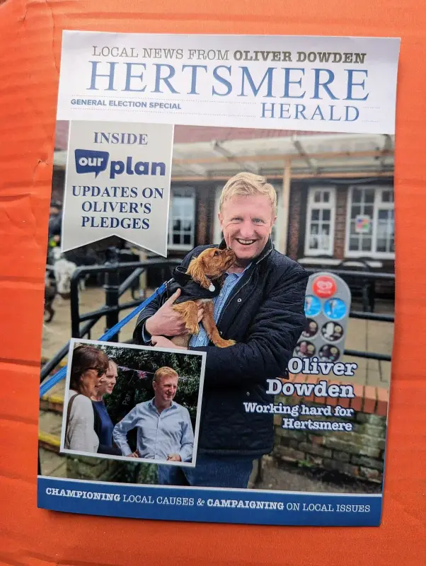 The "Hertsmere Herald", an election ad sent by Conservative Deputy Prime Minister Oliver Dowden.