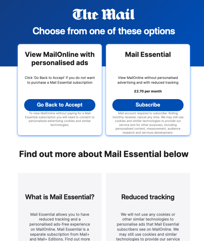 Mail Online 'consent or pay' cookies pop-up