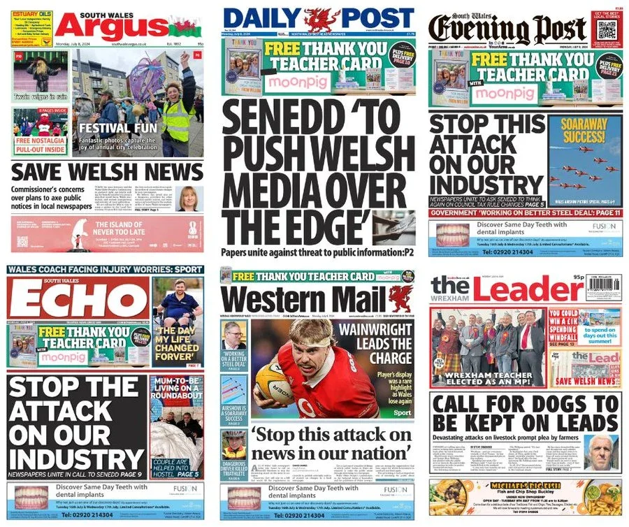 The covers of the South Wales Argus, Daily Post, South Wales Evening Post, South Wales Echo, Western Mail and The Leader on Monday, July 8 2024. The covers all urge Members of the Senedd to vote against part of a new law that would have meant local authorities no longer have to publish council tax changes in regional newspapers.