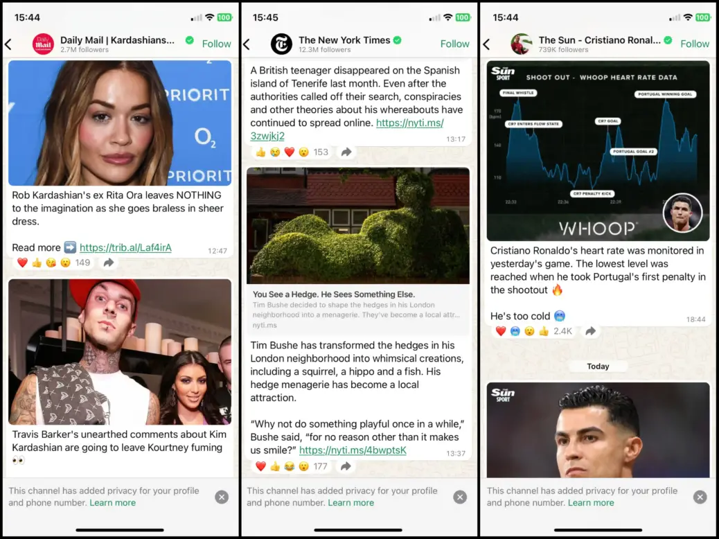 Screenshots of Whatsapp Channels run by the Daily Mail (left), New York Times (centre) and The Sun (right), illustrating a story about the most followed publishers using the distribution method.