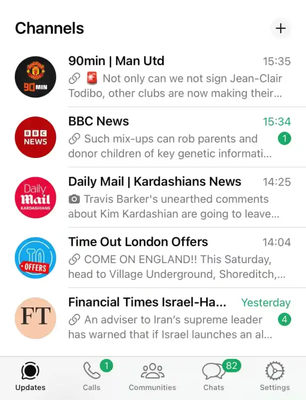 A view of the Channels section of the Whatsapp app, displaying a mix of news, lifestyle and sport publishers.
