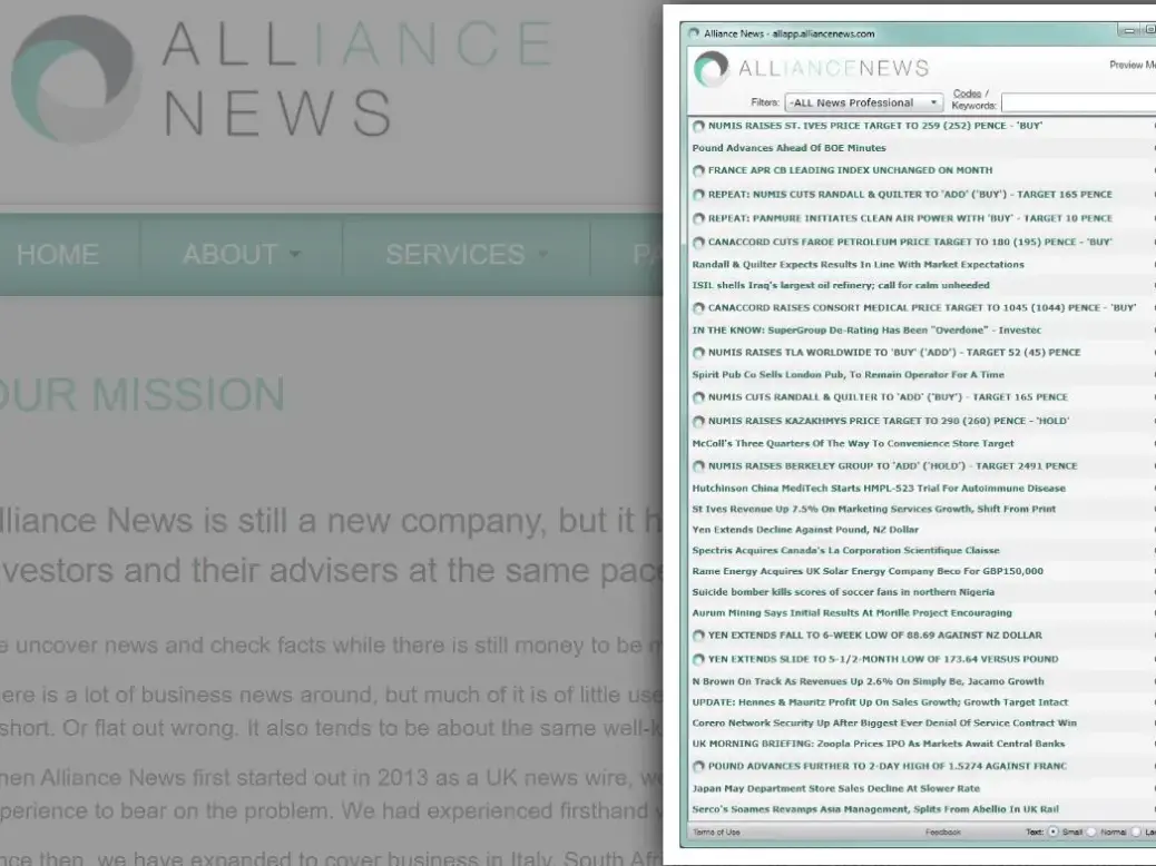 Snapshot of Alliance News UK feed. Picture: Screenshot of Alliance News website