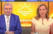 RAJAR Q2 2024 winners GB News' Eamonn Holmes and Isabel Webster dressed in smart clothes sitting side by side looking at the camera with a sunshine logo and the word breakfast displayed behind them