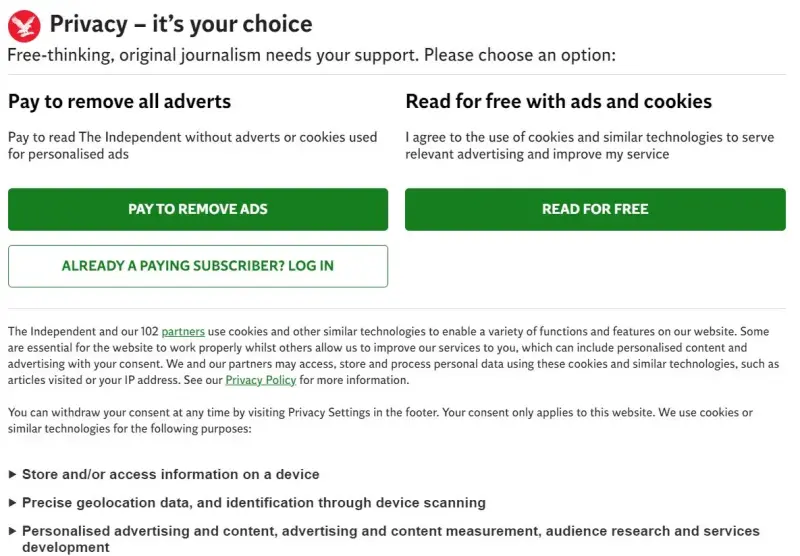 The Independent's 'consent or pay' pop-up giving people the option to reject all cookies and pay, or accept all cookies. 