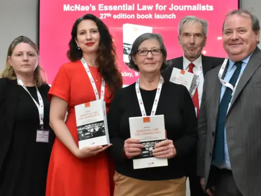 Left to right: barrister Caoilfhionn Gallagher KC, McNae's Essential Law for Journalists co-authors Sian Harrison and Gill Phillips, NCTJ chairman Kim Fletcher and Mr Justice Nicklin at the launch of the 27th edition of McNae's in London on 9 July 2024. Picture: NCTJ