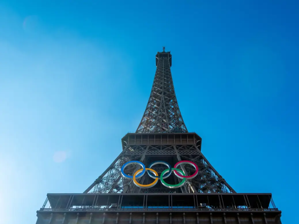 Olympic rings are seen on the Eiffel Tower in Paris, the host of the 2024 Summer Olympic Games.