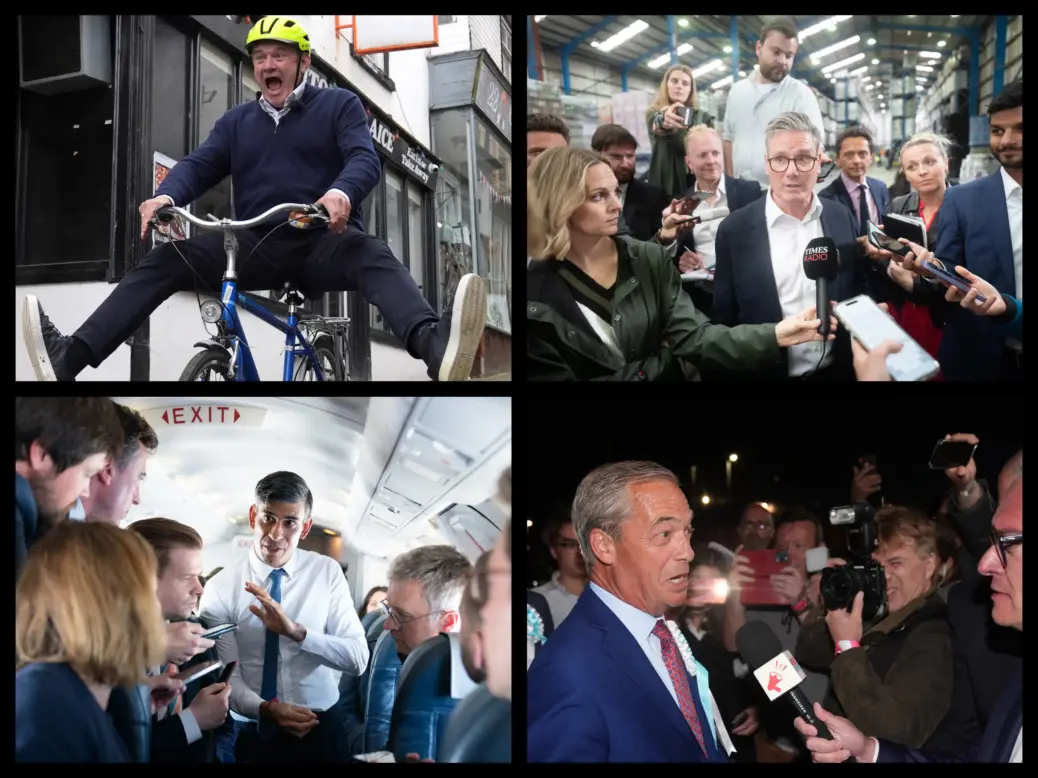 Collage of four images of UK political party leaders. Ed Davey wearing a helmet on a bike with his legs splayed out to the sides. Sir Keir Starmer surrounded by journalists with microphones. Nigel Farage surrounded by photographers with a microphone being held up to his mouth by another man. And Rishi Sunak surrounded by journalists on a plane.