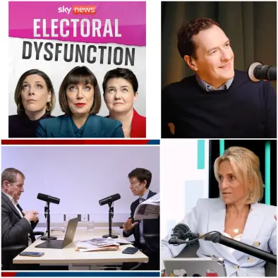 A composite image showing a range of UK political podcasts, illustrating a story about the growth of podcast downloads and listenership over the 2024 UK general election. Clockwise from top left: Promotional image for Sky News' Electoral Dysfunction, George Osborne hosting Persephonica's Political Currency, Emily Maitlis on Global's The News Agents and Rory Stewart and Alastair Campbell present The Rest is Politics.