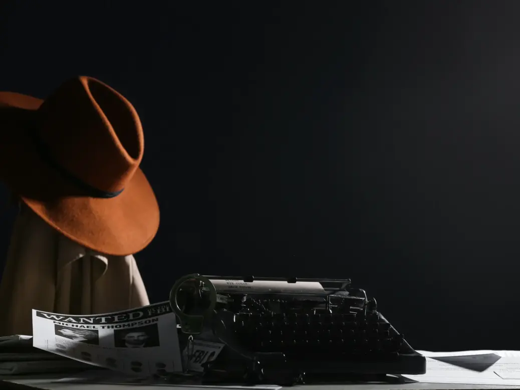 Dark shadowy picture with a wide-brimmed hat sitting alongside a typewriter and a 'wanted' poster