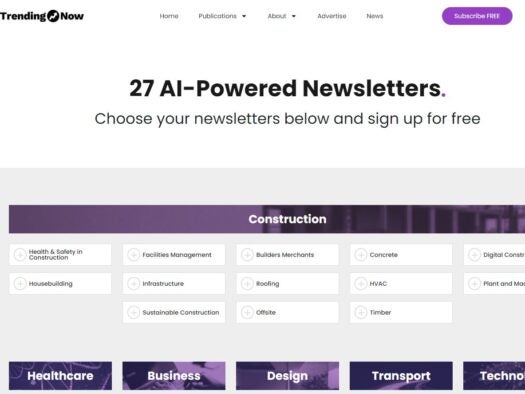 Sign-up page for Trending Now's AI newsletters. Heading says "27 AI-powered newsletters" with "construction" section underneath with different sub-categories. Then healthcare, business, design, transport and technology sections