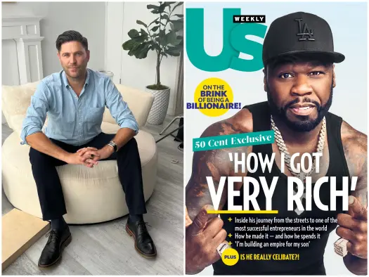 Left photo: Dan Wakeford sitting on a wide armchair looking at the camera wearing a blue collared shirt, black trousers and black shoes. Right image: Us Weekly celebrity magazine cover featuring 50 Cent with the headline: 'How I got very rich'