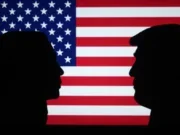 Kamala Harris and Donald Trump appear silhouetted against an American flag, illustrating an article about the top US news sites in August 2024 which finds traffic has pulled back following a bumper month for news in July.