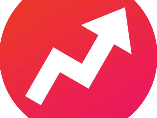 Buzzfeed logo of a red circle with a white upwards spiking arrow inside
