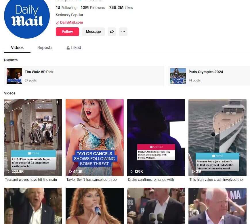 News Publisher Daily Mail Tiktok Page on August 8, 2024 showing followers of 10 million and videos on topics such as Taylor Swift's Vienna concerts that are canceled