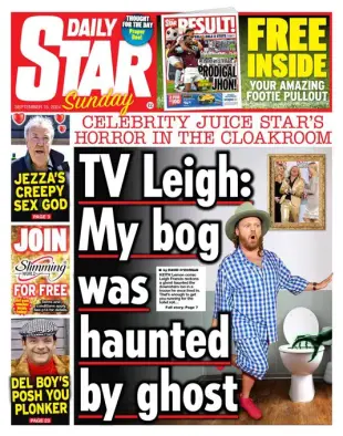 Daily Star Sunday front page from 15 September 2024. Features headline "TV Leigh: My bog was haunted by ghost"