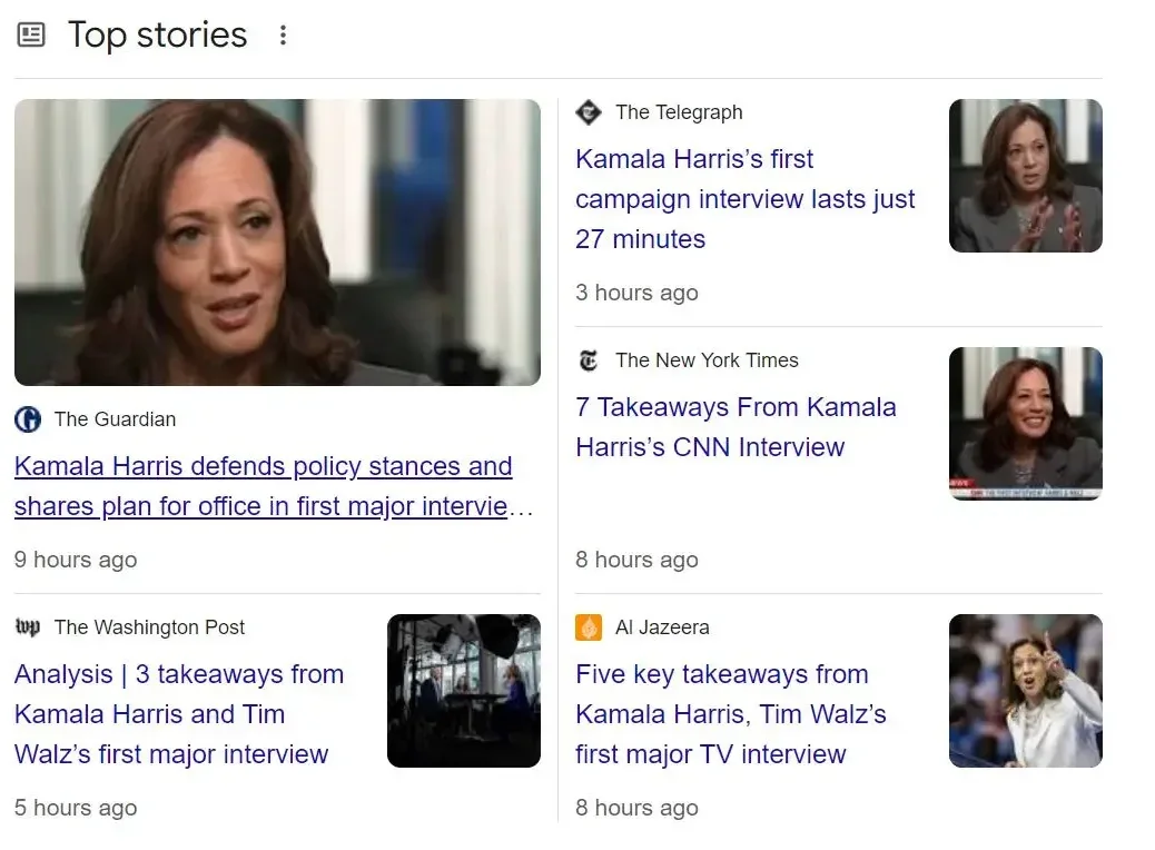 Google Top Stories results for 'Harris Walz interview' on Friday 30 August 2024. Includes stories from: The Guardian, The Washington Post, The Telegraph, The New York Times and Al Jazeera