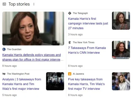 Google Top Stories results for 'Harris Walz interview' on Friday 30 August 2024. Includes stories from: The Guardian, The Washington Post, The Telegraph, The New York Times and Al Jazeera